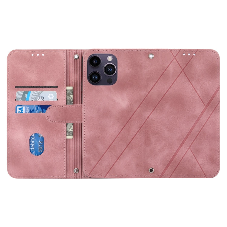 For iPhone 15 Pro Embossed Line Leather Phone Case with Lanyard(Pink) - HoMEdemic™ 
