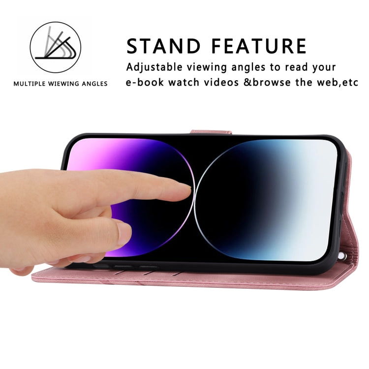 For iPhone 15 Pro Embossed Line Leather Phone Case with Lanyard(Pink) - HoMEdemic™ 