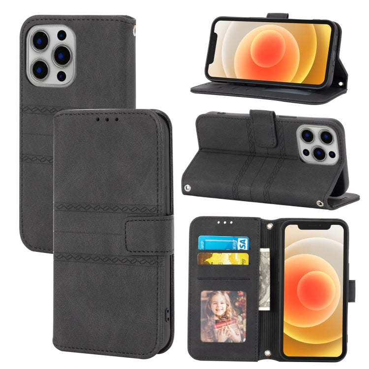 For iPhone 15 Pro Embossed Stripes Skin Feel Leather Phone Case(Black) - HoMEdemic™ 