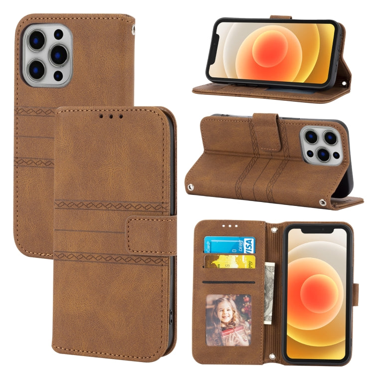 For iPhone 15 Pro Embossed Stripes Skin Feel Leather Phone Case(Brown) - HoMEdemic™ 