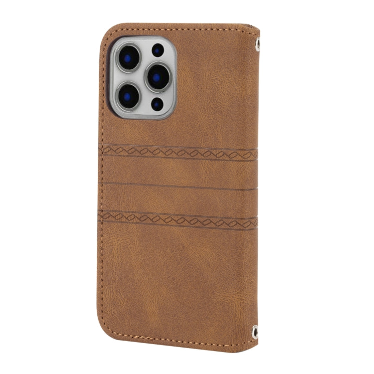 For iPhone 15 Pro Embossed Stripes Skin Feel Leather Phone Case(Brown) - HoMEdemic™ 