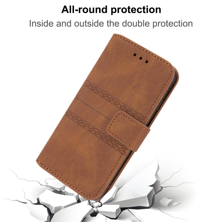 For iPhone 15 Pro Embossed Stripes Skin Feel Leather Phone Case(Brown) - HoMEdemic™ 