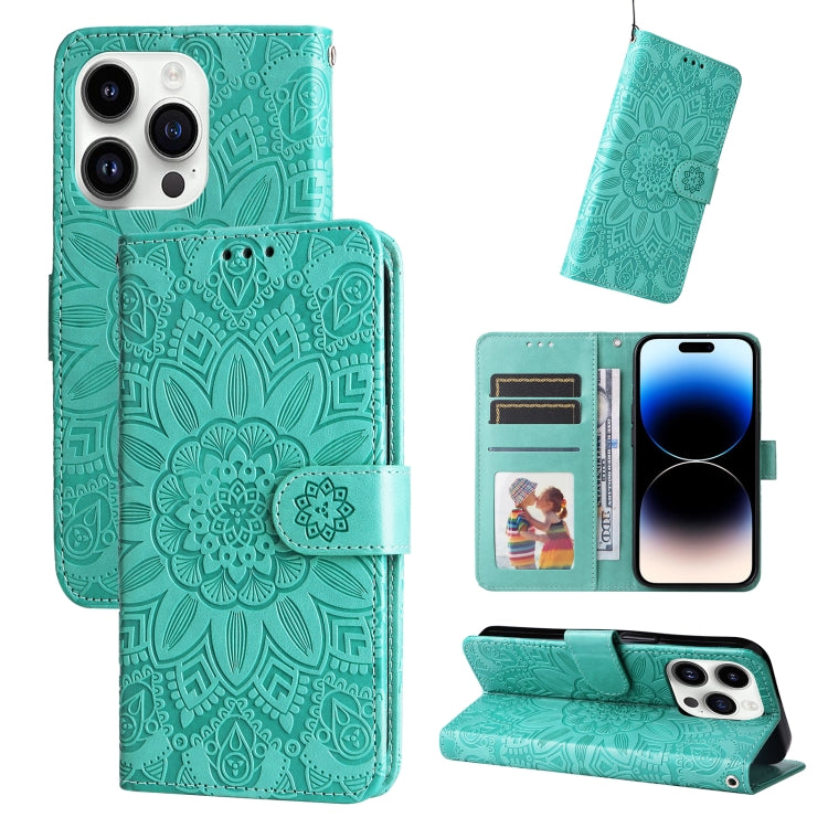 For iPhone 15 Pro Embossed Sunflower Leather Phone Case(Green) - HoMEdemic™ 