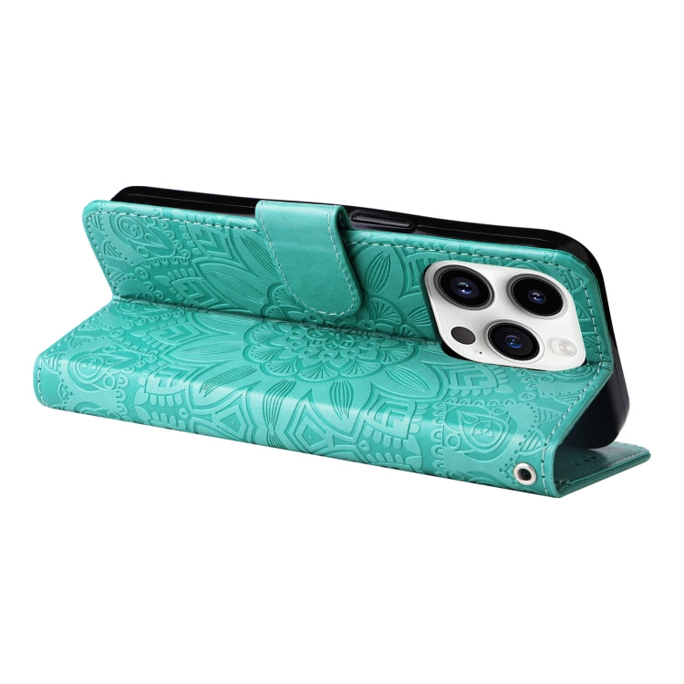 For iPhone 15 Pro Embossed Sunflower Leather Phone Case(Green) - HoMEdemic™ 