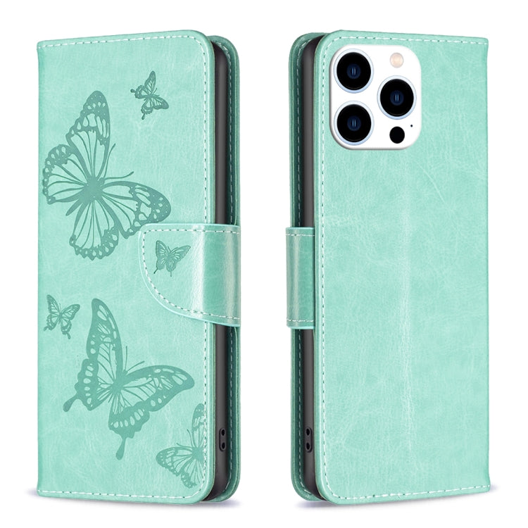 For iPhone 15 Pro Embossing Two Butterflies Pattern Leather Phone Case(Green) - HoMEdemic™ 