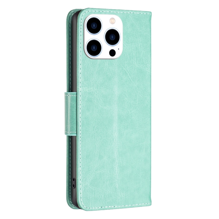 For iPhone 15 Pro Embossing Two Butterflies Pattern Leather Phone Case(Green) - HoMEdemic™ 