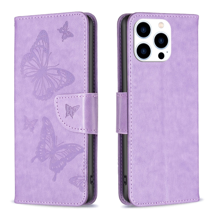 For iPhone 15 Pro Embossing Two Butterflies Pattern Leather Phone Case(Purple) - HoMEdemic™ 