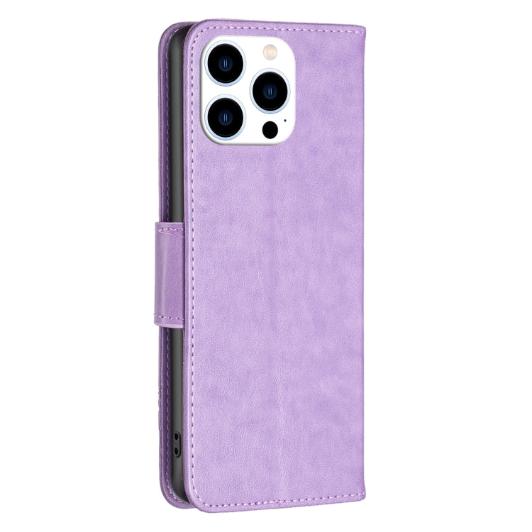 For iPhone 15 Pro Embossing Two Butterflies Pattern Leather Phone Case(Purple) - HoMEdemic™ 