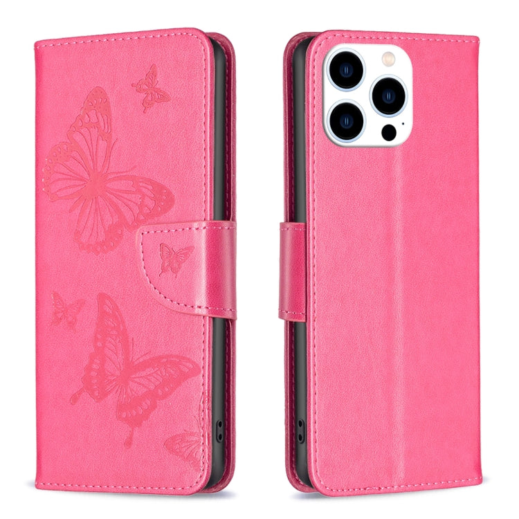 For iPhone 15 Pro Embossing Two Butterflies Pattern Leather Phone Case(Rose Red) - HoMEdemic™ 