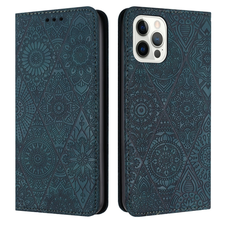 For iPhone 15 Pro Ethnic Embossed Adsorption Leather Phone Case(Blue) - HoMEdemic™ 