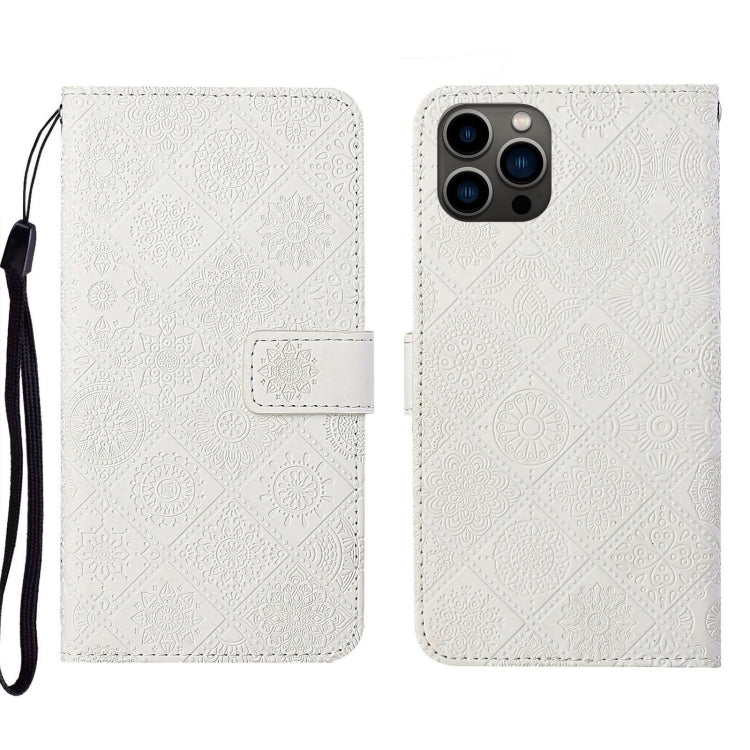 For iPhone 15 Pro Ethnic Style Embossed Pattern Leather Phone Case(White) - HoMEdemic™ 