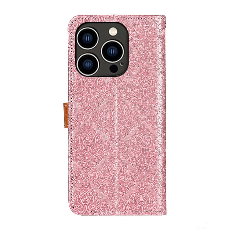For iPhone 15 Pro European Floral Embossed Leather Phone Case(Pink) - HoMEdemic™ 