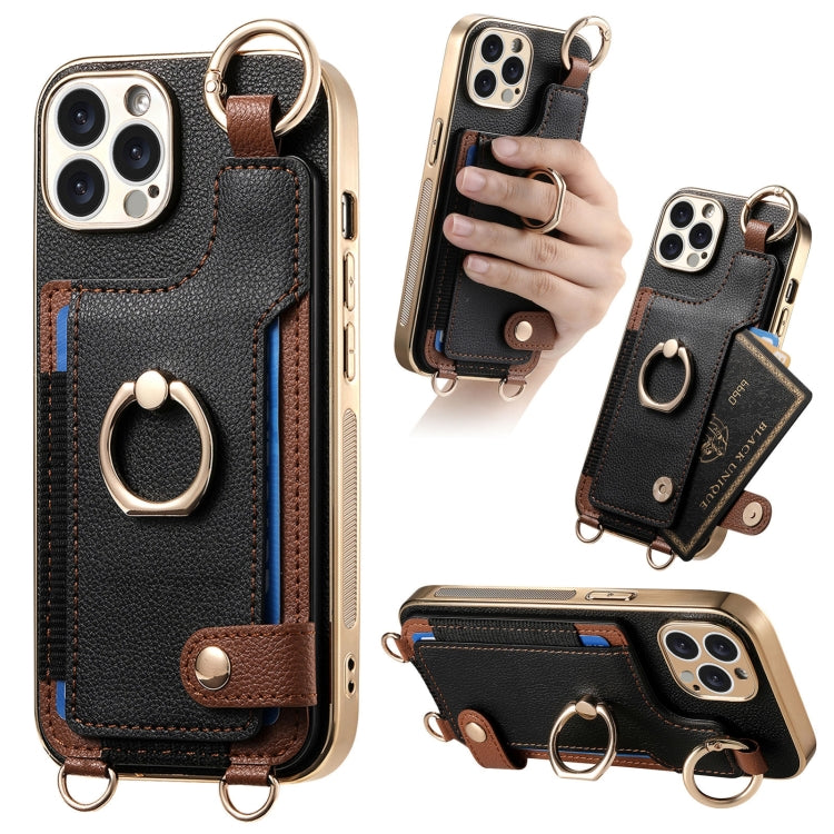 For iPhone 15 Pro Fashion Ring Card Bag Phone Case with Hang Loop(Black) - HoMEdemic™ 