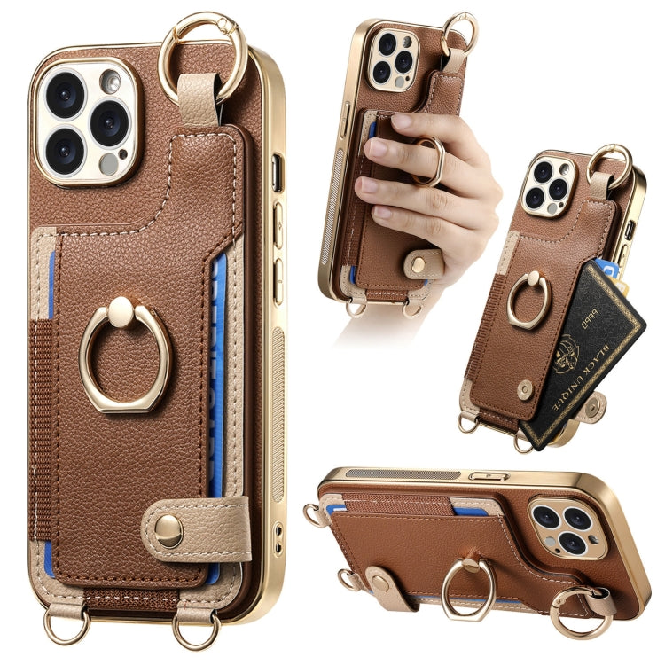 For iPhone 15 Pro Fashion Ring Card Bag Phone Case with Hang Loop(Brown) - HoMEdemic™ 