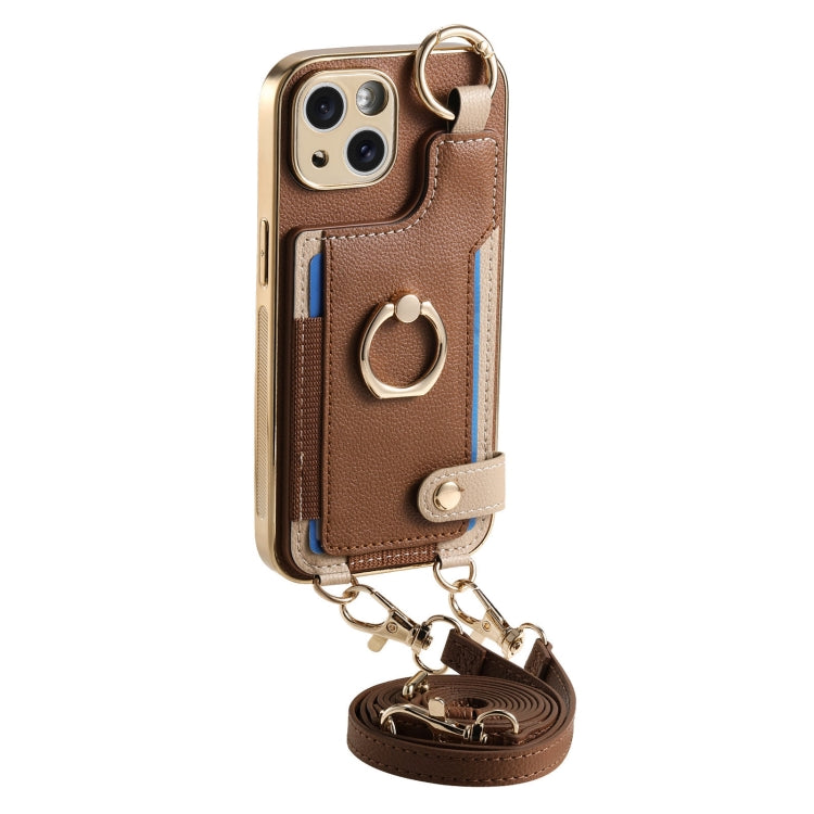 For iPhone 15 Pro Fashion Ring Card Bag Phone Case with Hang Loop(Brown) - HoMEdemic™ 