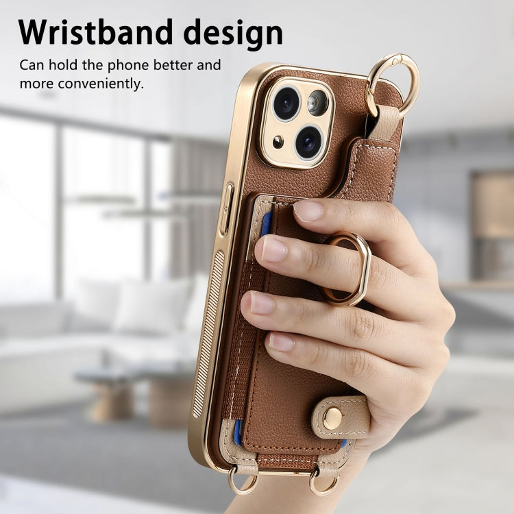 For iPhone 15 Pro Fashion Ring Card Bag Phone Case with Hang Loop(Brown) - HoMEdemic™ 