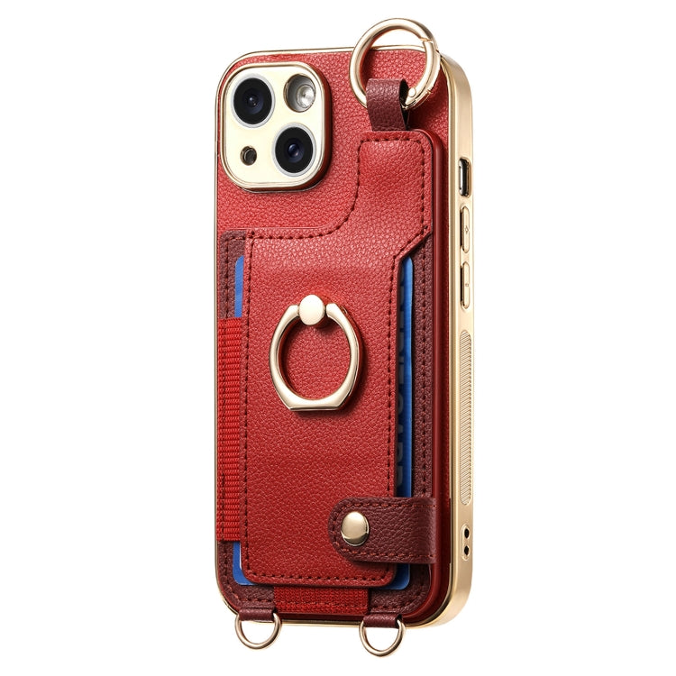 For iPhone 15 Pro Fashion Ring Card Bag Phone Case with Hang Loop(Red) - HoMEdemic™ 