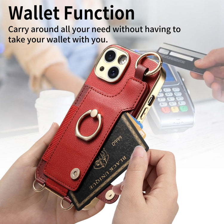 For iPhone 15 Pro Fashion Ring Card Bag Phone Case with Hang Loop(Red) - HoMEdemic™ 