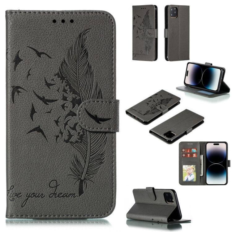 For iPhone 15 Pro Feather Pattern Litchi Texture Leather Phone Case(Gray) - HoMEdemic™ 