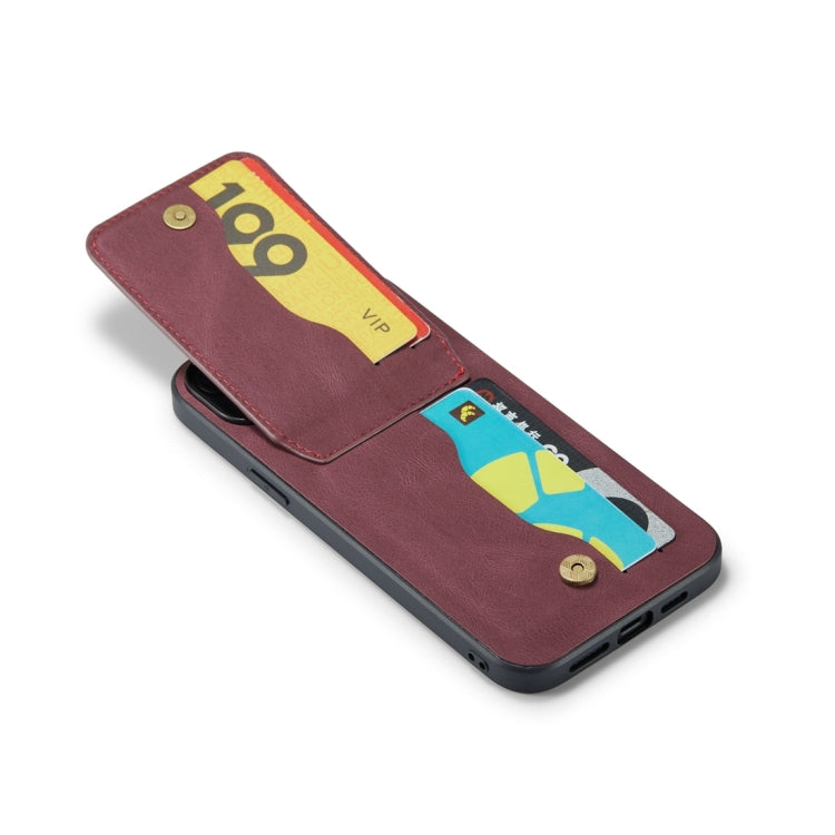 For iPhone 15 Pro Fierre Shann Crazy Horse Card Holder Back Cover PU Phone Case(Wine Red) - HoMEdemic™ 