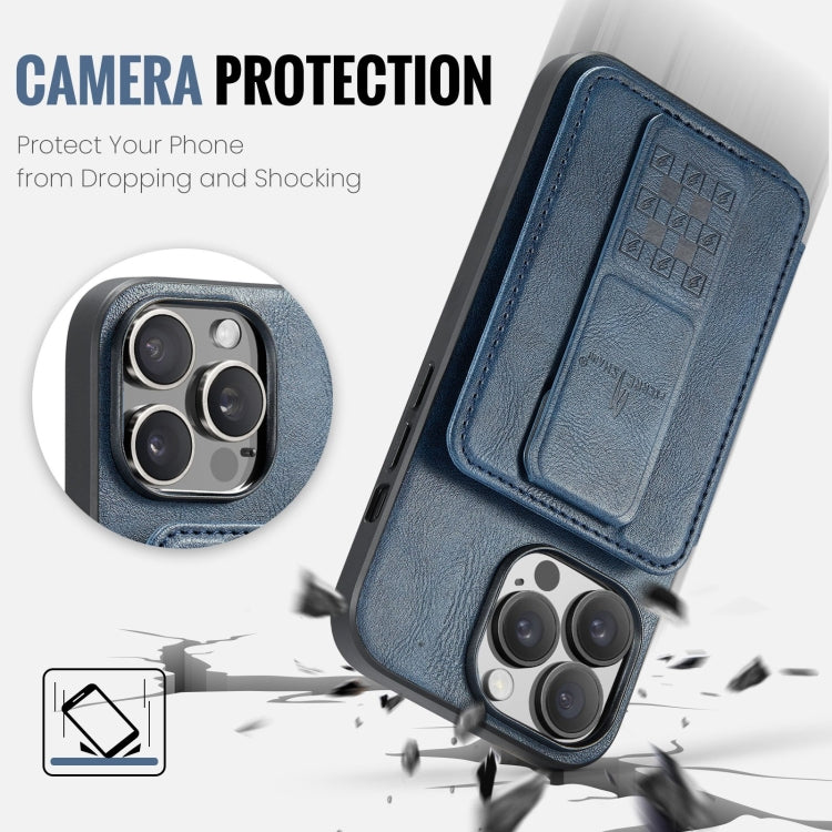 For iPhone 15 Pro Fierre Shann Oil Wax Cow Leather Card Holder Back Phone Case(Blue) - HoMEdemic™ 