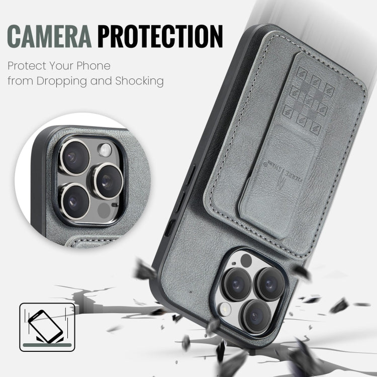 For iPhone 15 Pro Fierre Shann Oil Wax Cow Leather Card Holder Back Phone Case(Grey) - HoMEdemic™ 