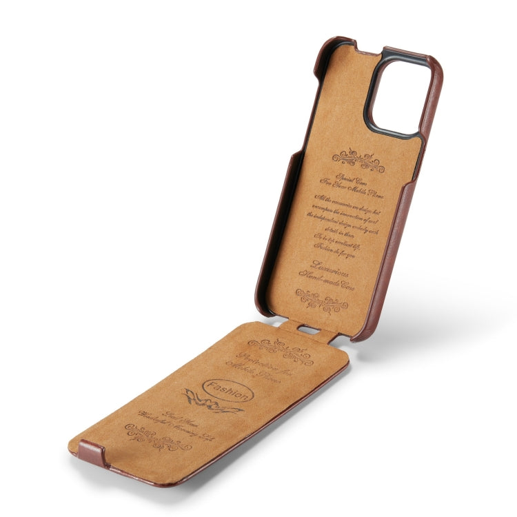 For iPhone 15 Pro Fierre Shann Oil Wax Texture Vertical Flip PU Phone Case(Brown) - HoMEdemic™ 