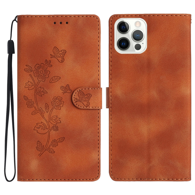 For iPhone 15 Pro Flower Butterfly Embossing Pattern Leather Phone Case(Brown) - HoMEdemic™ 