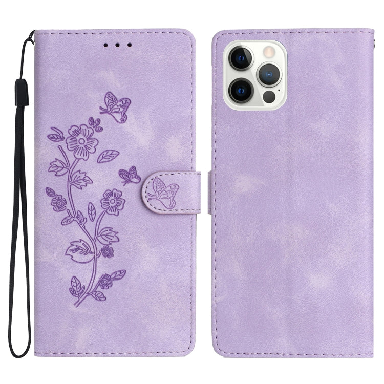 For iPhone 15 Pro Flower Butterfly Embossing Pattern Leather Phone Case(Purple) - HoMEdemic™ 