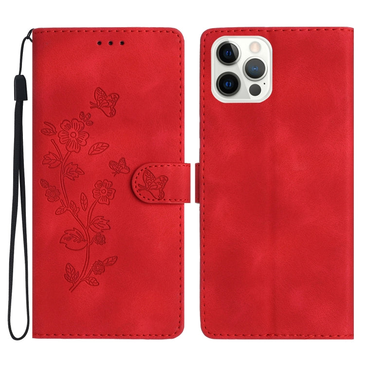 For iPhone 15 Pro Flower Butterfly Embossing Pattern Leather Phone Case(Red) - HoMEdemic™ 