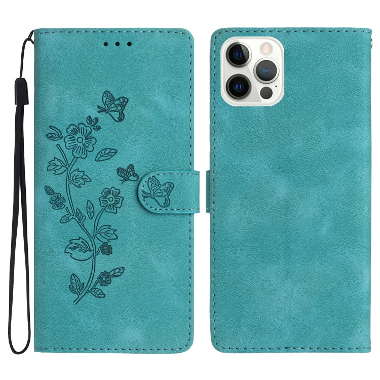 For iPhone 15 Pro Flower Butterfly Embossing Pattern Leather Phone Case(Sky Blue) - HoMEdemic™ 