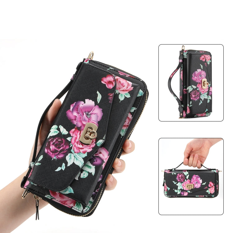 For iPhone 15 Pro Flower Multi-functional Crossbody Zipper Wallet MagSafe Leather Phone Case(Black) - HoMEdemic™ 