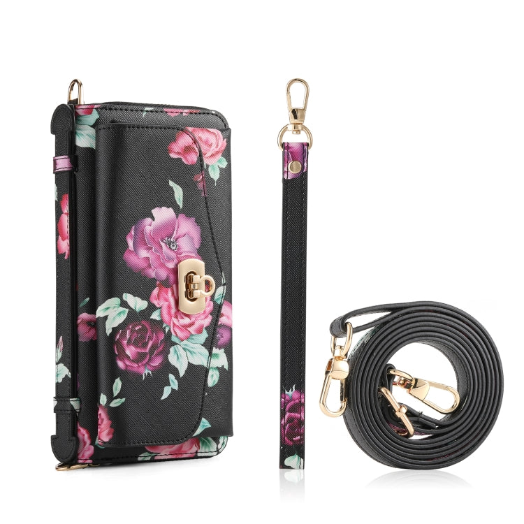 For iPhone 15 Pro Flower Multi-functional Crossbody Zipper Wallet MagSafe Leather Phone Case(Black) - HoMEdemic™ 