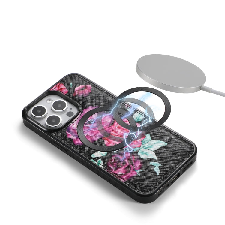 For iPhone 15 Pro Flower Multi-functional Crossbody Zipper Wallet MagSafe Leather Phone Case(Black) - HoMEdemic™ 