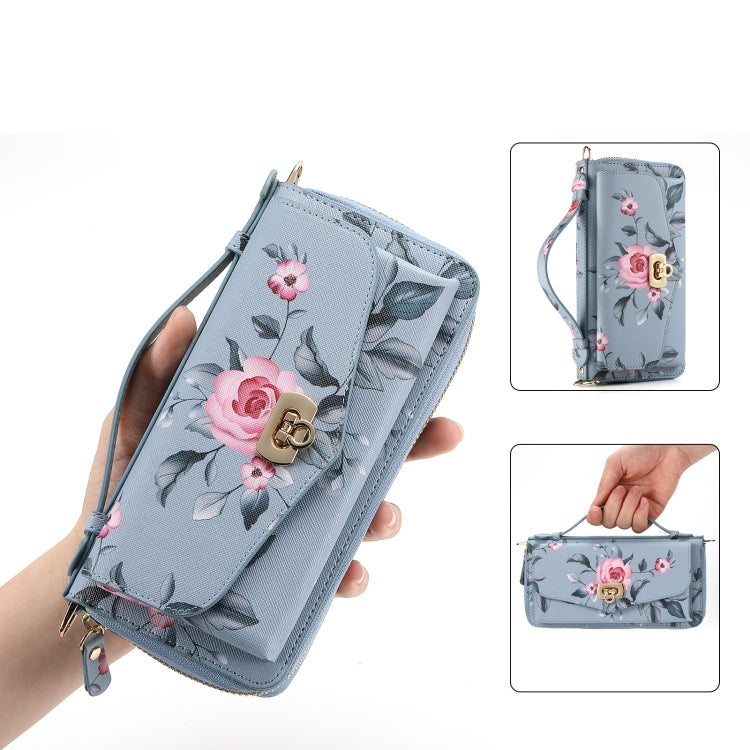 For iPhone 15 Pro Flower Multi-functional Crossbody Zipper Wallet MagSafe Leather Phone Case(Blue) - HoMEdemic™ 
