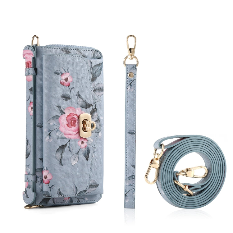 For iPhone 15 Pro Flower Multi-functional Crossbody Zipper Wallet MagSafe Leather Phone Case(Blue) - HoMEdemic™ 