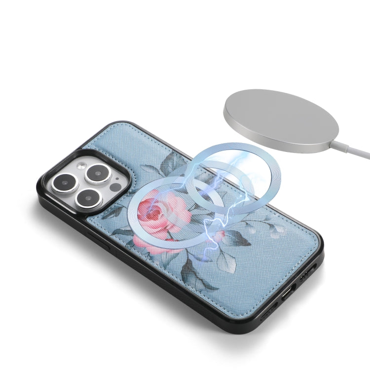 For iPhone 15 Pro Flower Multi-functional Crossbody Zipper Wallet MagSafe Leather Phone Case(Blue) - HoMEdemic™ 