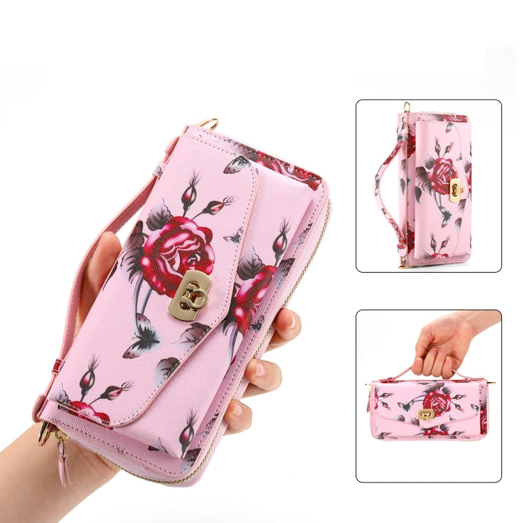 For iPhone 15 Pro Flower Multi-functional Crossbody Zipper Wallet MagSafe Leather Phone Case(Pink) - HoMEdemic™ 