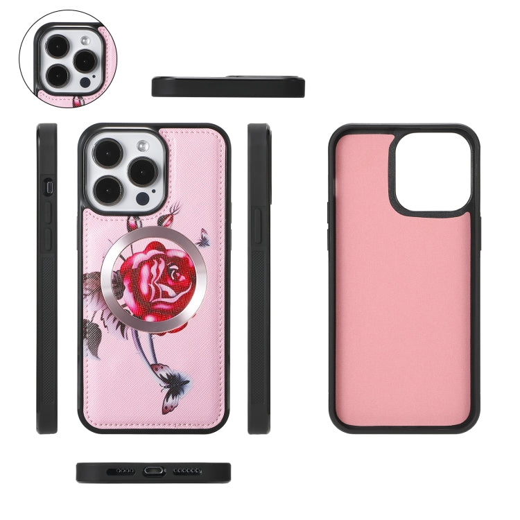 For iPhone 15 Pro Flower Multi-functional Crossbody Zipper Wallet MagSafe Leather Phone Case(Pink) - HoMEdemic™ 