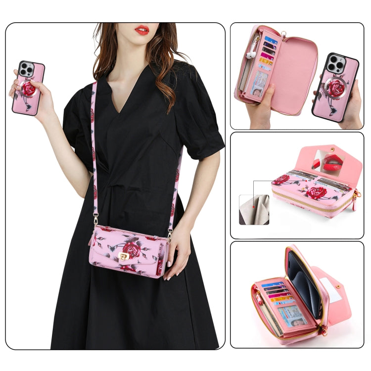 For iPhone 15 Pro Flower Multi-functional Crossbody Zipper Wallet MagSafe Leather Phone Case(Pink) - HoMEdemic™ 