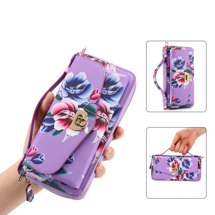 For iPhone 15 Pro Flower Multi-functional Crossbody Zipper Wallet MagSafe Leather Phone Case(Purple) - HoMEdemic™ 