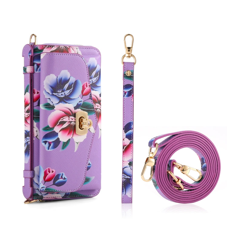 For iPhone 15 Pro Flower Multi-functional Crossbody Zipper Wallet MagSafe Leather Phone Case(Purple) - HoMEdemic™ 