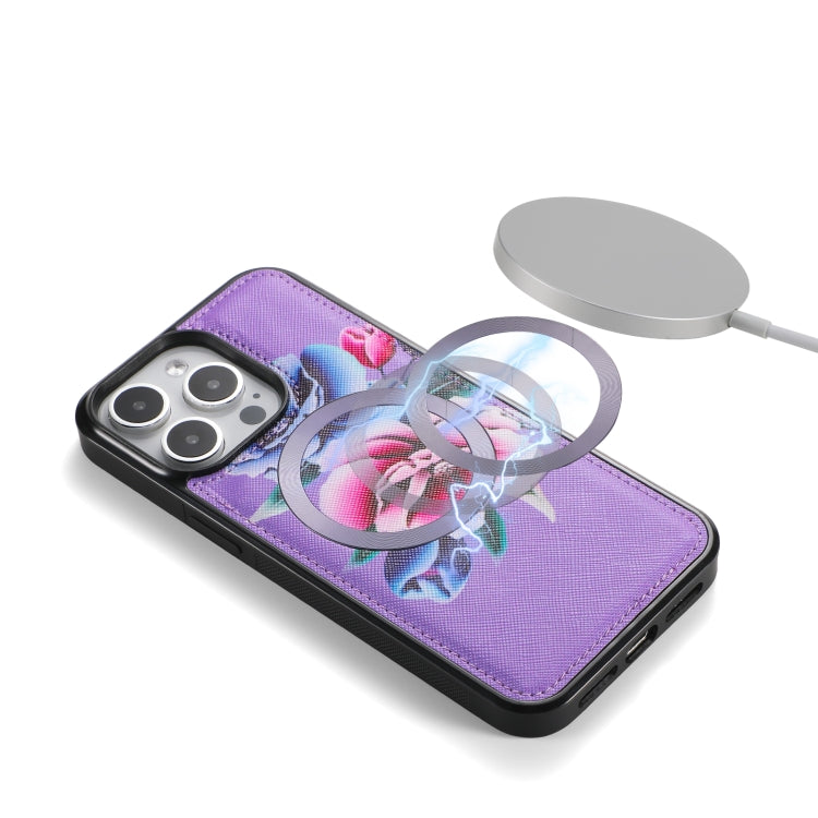 For iPhone 15 Pro Flower Multi-functional Crossbody Zipper Wallet MagSafe Leather Phone Case(Purple) - HoMEdemic™ 