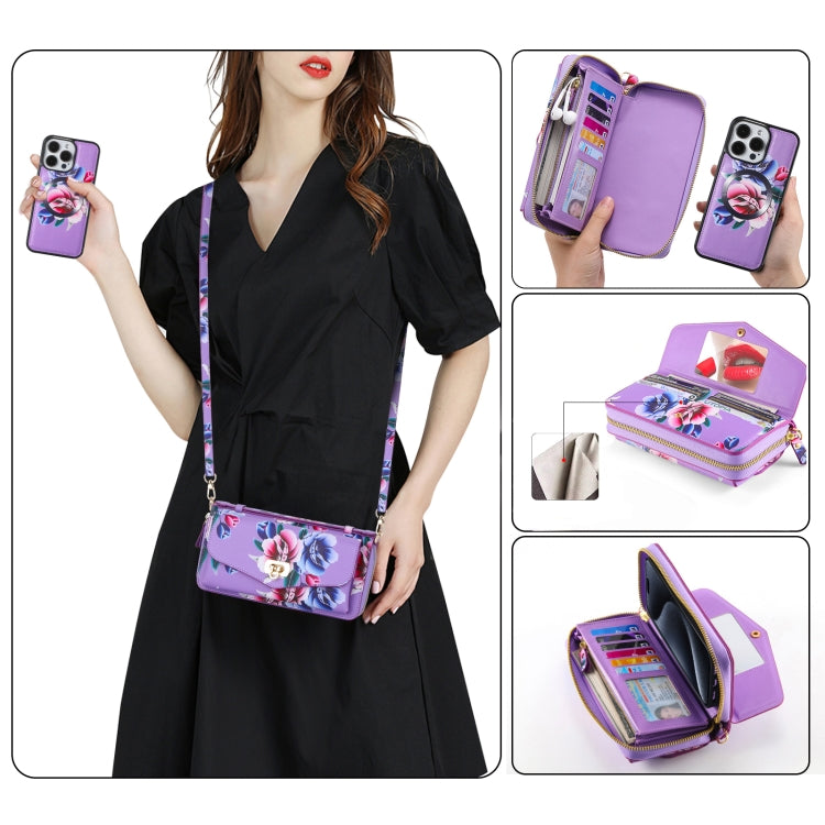 For iPhone 15 Pro Flower Multi-functional Crossbody Zipper Wallet MagSafe Leather Phone Case(Purple) - HoMEdemic™ 