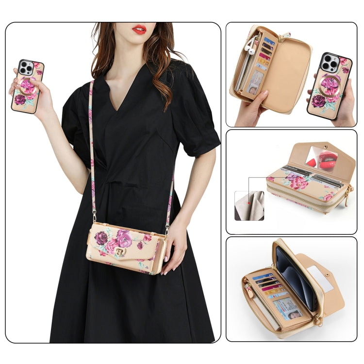 For iPhone 15 Pro Flower Multi-functional Crossbody Zipper Wallet MagSafe Leather Phone Case(Yellow) - HoMEdemic™ 