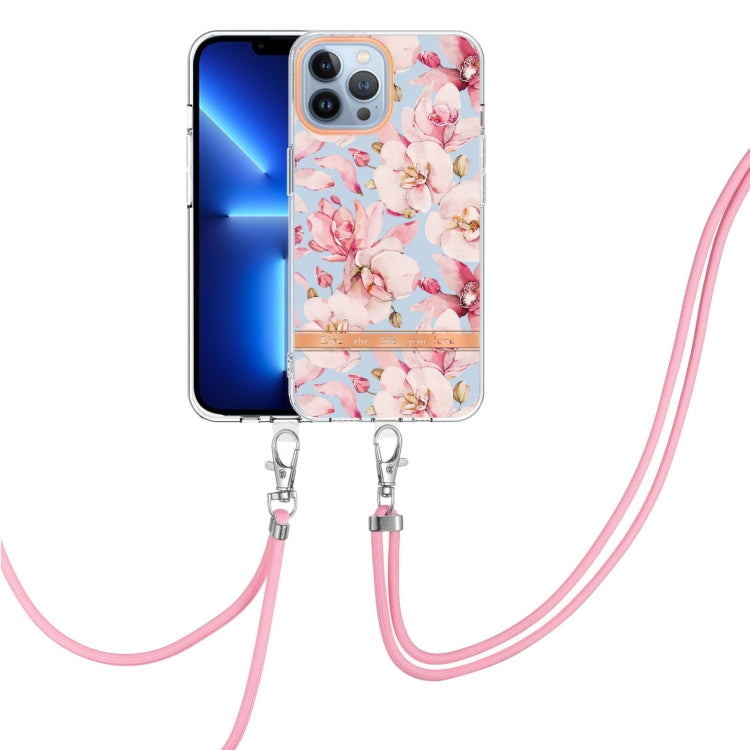 For iPhone 15 Pro Flowers and Plants Series IMD TPU Phone Case with Lanyard(Pink Gardenia) - HoMEdemic™ 