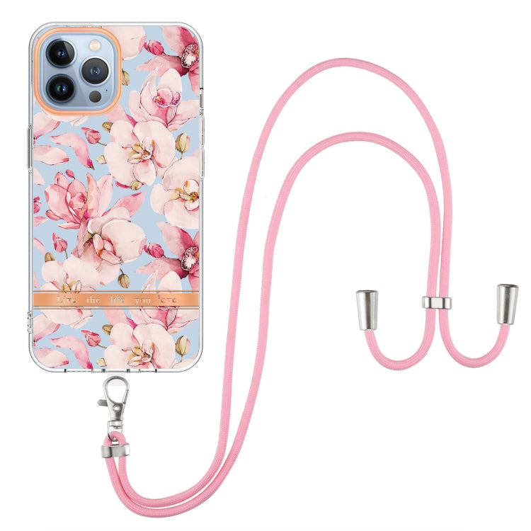 For iPhone 15 Pro Flowers and Plants Series IMD TPU Phone Case with Lanyard(Pink Gardenia) - HoMEdemic™ 