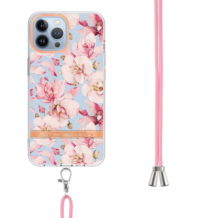 For iPhone 15 Pro Flowers and Plants Series IMD TPU Phone Case with Lanyard(Pink Gardenia) - HoMEdemic™ 