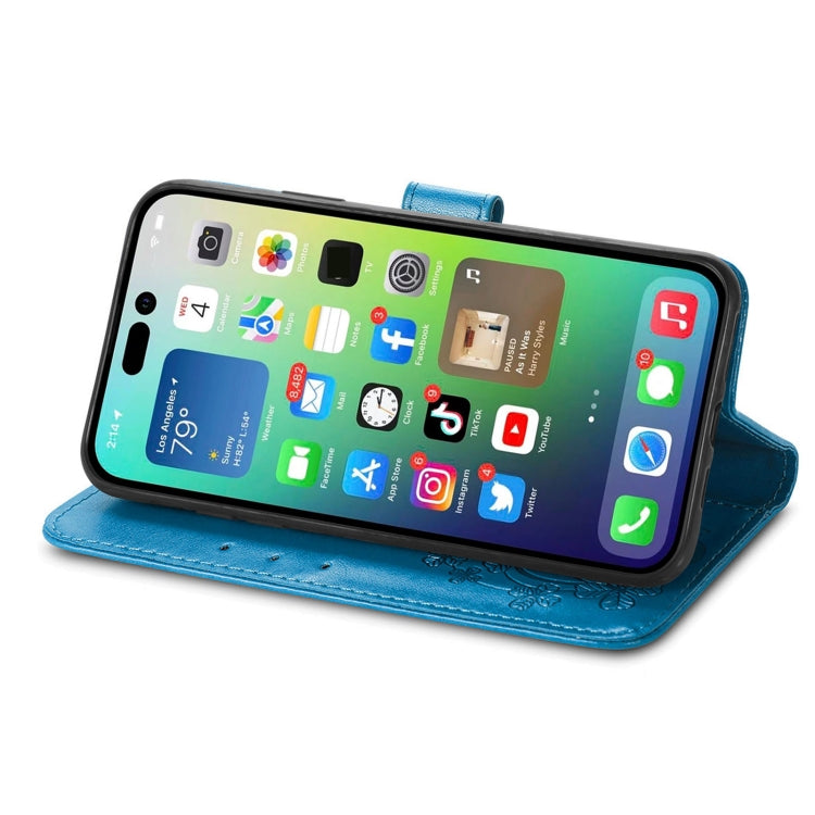 For iPhone 15 Pro Four-leaf Clasp Embossed Buckle Leather Phone Case(Blue) - HoMEdemic™ 