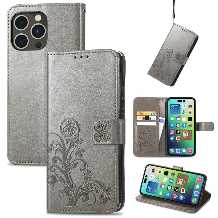 For iPhone 15 Pro Four-leaf Clasp Embossed Buckle Leather Phone Case(Gray) - HoMEdemic™ 